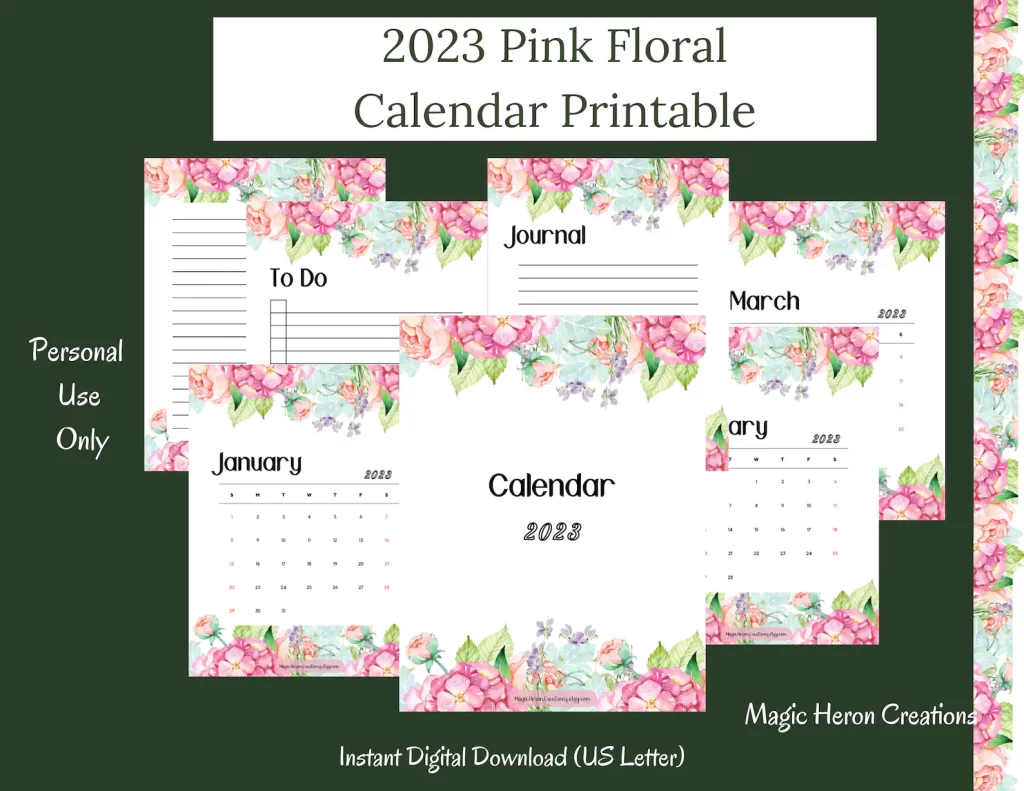 2023 pink floral calendar printable
