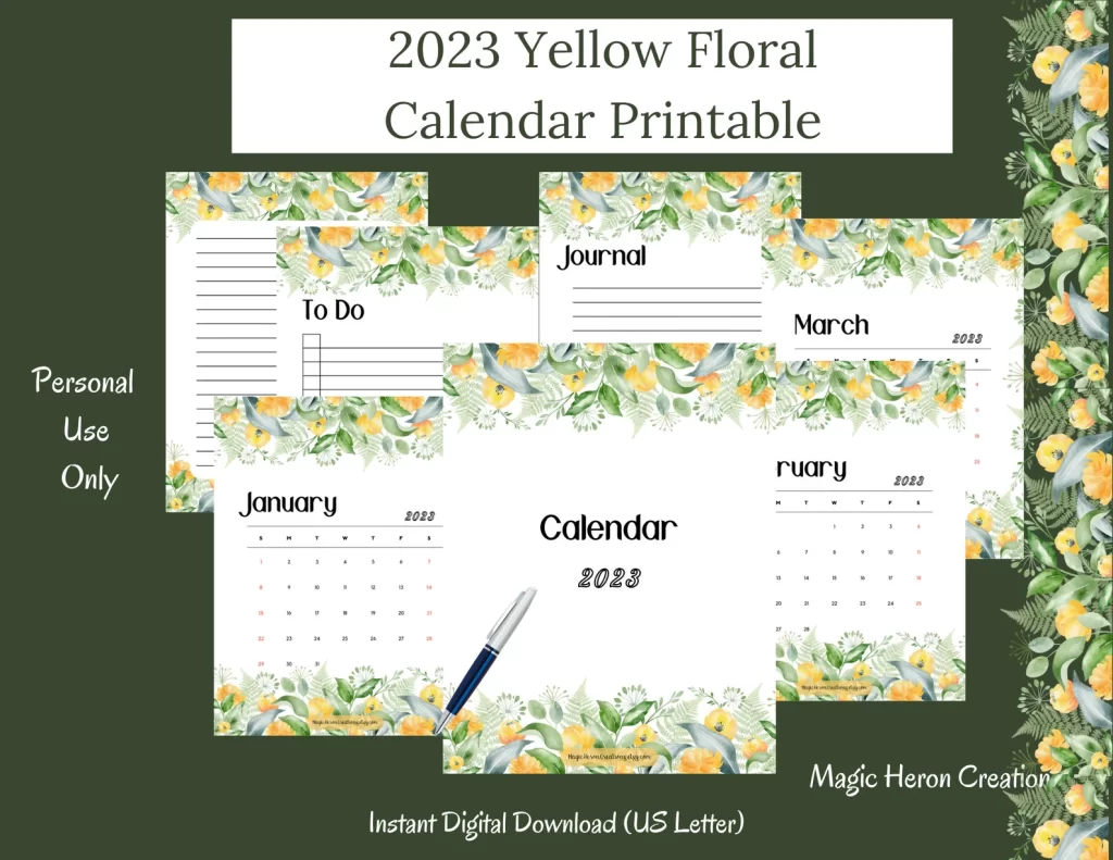 2023 yellow floral calendar printable