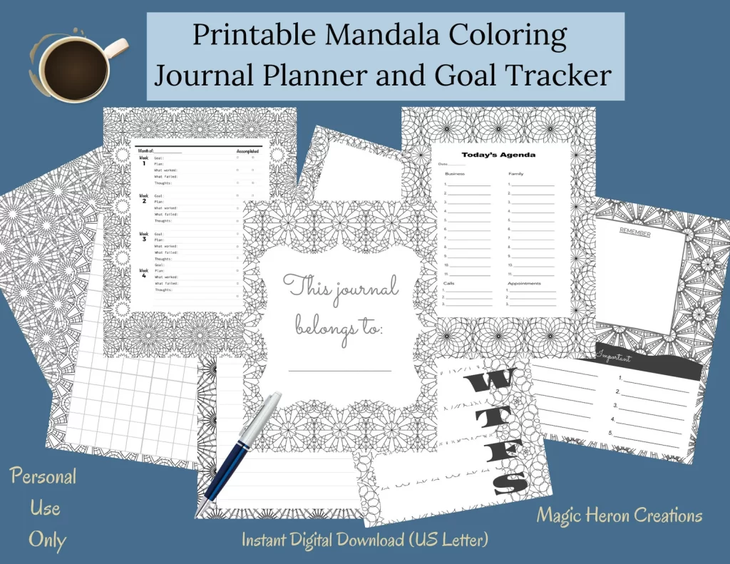 printable mandala coloring journal planner